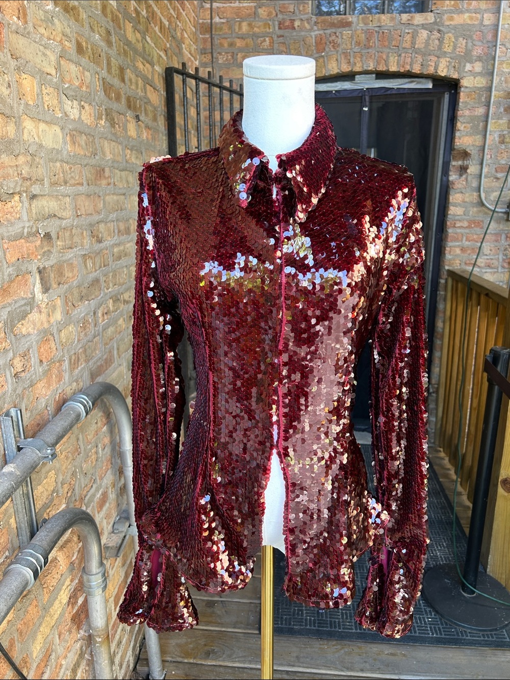 AKIRA Burgundy Sequin Long-Sleeve Button-Up Blouse